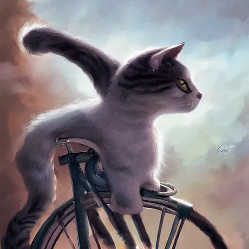 Image similar to head and shoulders masterpiece portrait of cute cat riding a bicycle, surreal background, digital art by Krenz Cushart, trending on artstation