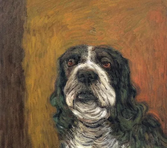 Prompt: studio portrait of a wizened old dog, extremely detailed; oil painting by Claude Monet