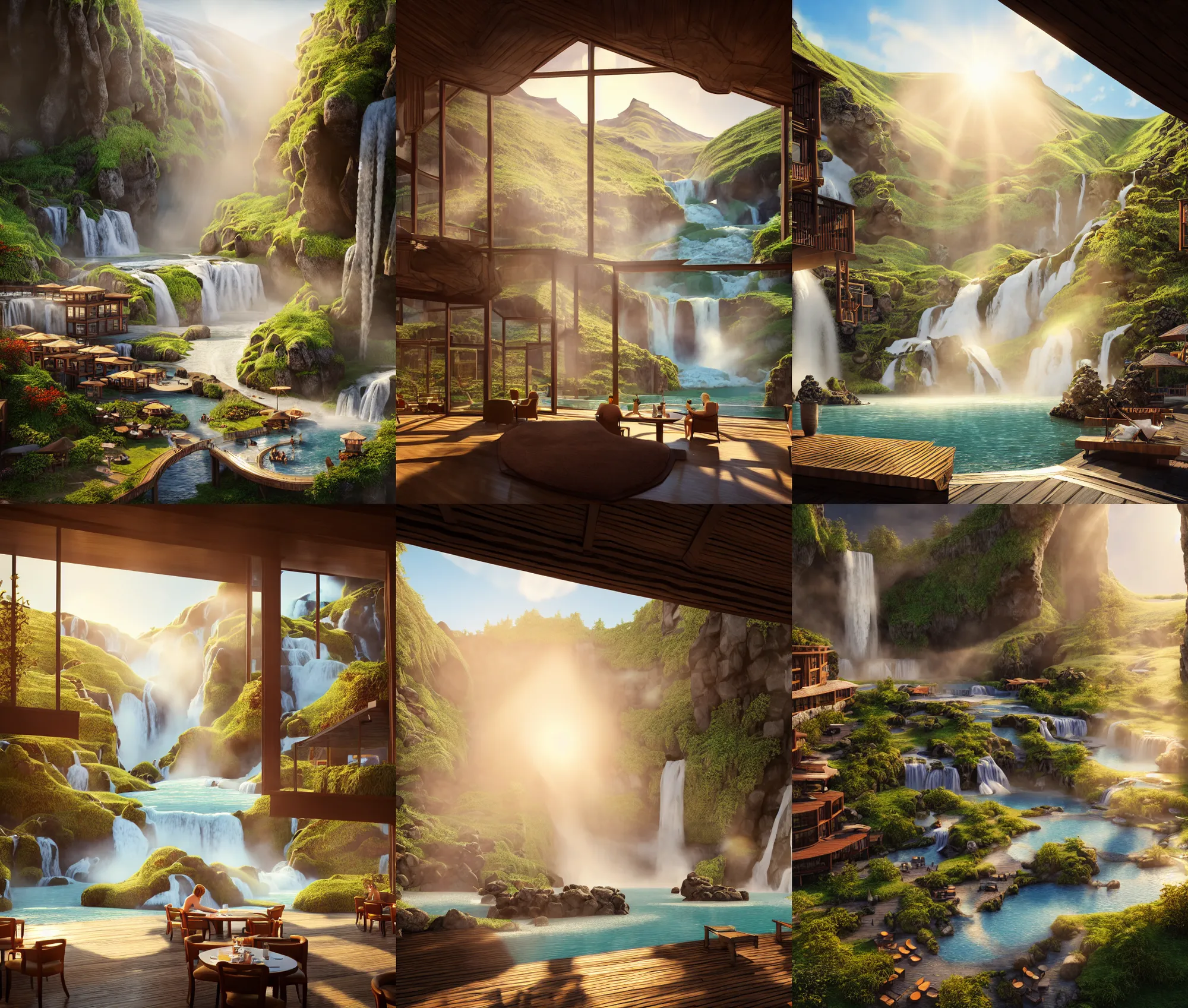 Prompt: establishing wide shot inside resort hotel, beside the combination of iceland hot springs and yangtze river waterfalls, sunny morning light, soft sunbeam, travel ad, detailed concept art, artstation, realistic, fine details, 4 k, unreal engine, hyperrealism, detailed textures