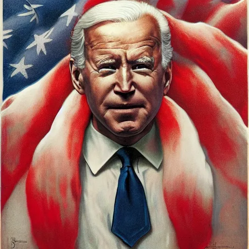 Prompt: patriotic nightmare of joe biden, american flag hell, perfectly clear face, by j. c. leyendecker and beksinski