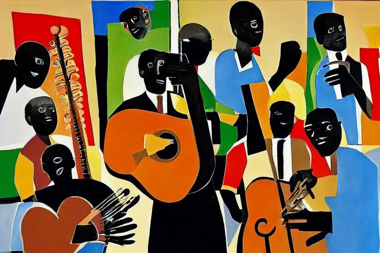 Image similar to a painting of a group of men playing instruments, an ultrafine detailed painting by romare bearden, behance, black arts movement, artwork, fauvism, academic art, large brush strokes, grainy texture