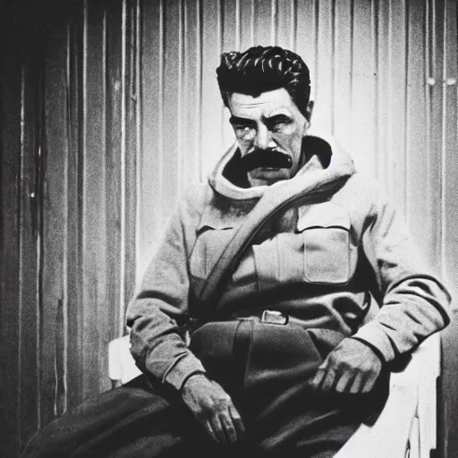 Image similar to cinematic shot of Joseph Stalin wearing a white hoodie and holding a cigarette sitting on a street curb in a bright city at night, 8k, highly detailed,