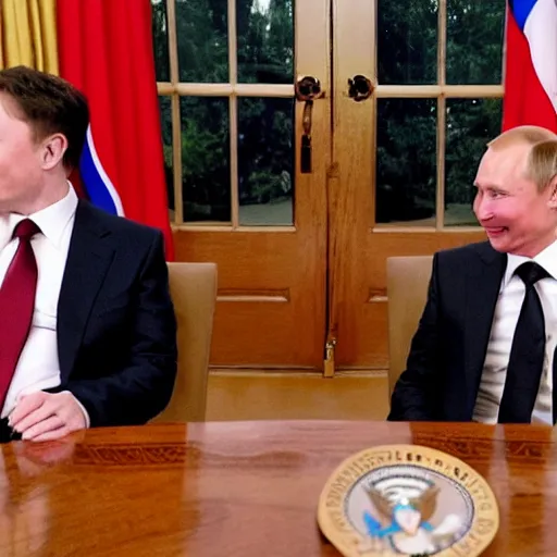 Prompt: elon reeve musk and vladimir vladimirovich putin look very happy drinking wine in the white house