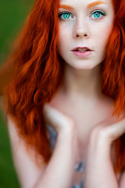 Image similar to a portrait of a redhead beautiful girl, green eyes, highly detailed, 3 5 mm f 1. 4 background silver fir