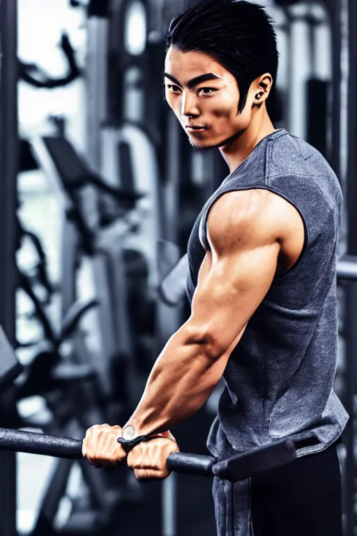 Prompt: Yasuo from League of Legends working out at the gym, photorealistic, highly detailed