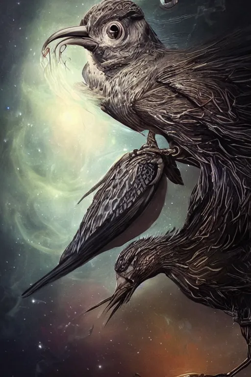 Prompt: a wlop 3 d render of very very very very highly detailed beautiful mystic portrait of a phantom undead raven bird with whirling galaxy around, tattoos by anton pieck, intricate, extremely detailed, digital painting, artstation, concept art, smooth, sharp focus, illustration, intimidating lighting, incredible art,