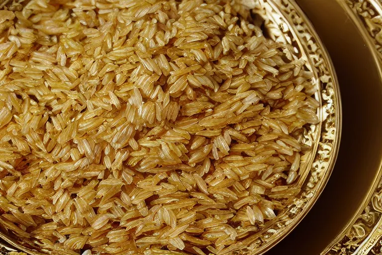 Image similar to an ornate golden bowl of rice, side-view, highly detailed photograph