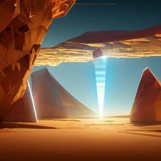 Prompt: four huge angular vertical floating complex translucent crystals in the desert, reflection from the crystal is sparkling due to sun, small retro starship in the sky, futuristic hi-tech details, art by anthony macbain + greg rutkowski + alphonse mucha, concept art, 4k, sharp focus, cinematic render unreal engine