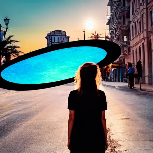 Image similar to a woman facing a blue wormhole on the street, which shows a beach at sunset