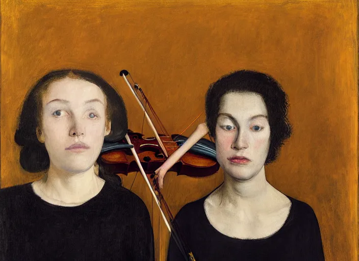 Prompt: portrait of two young nervous violin players getting ready to perform, half figure front, vincent lefevre and pat steir and hilma af klint, psychological, photorealistic, symmetrical faces, intriguing eyes, rendered in octane, altermodern, masterpiece