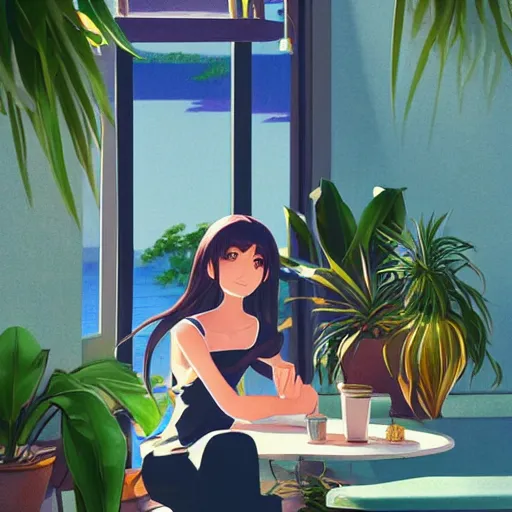 Prompt: a thin, pretty young Filipino woman with long hair sits near the window of a cute seaside Cafe drinking an espresso, golden dramatic morning light, cozy, tropical plants, beautiful anime style art, trending on artstation