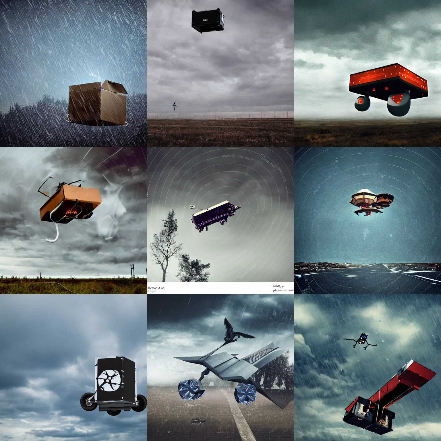 Prompt: flying post autonomous robot, fusion engines, atomicpunk, delivering parsel box, in forcasted sky, raining, machine, post apocalyptic scene, no background