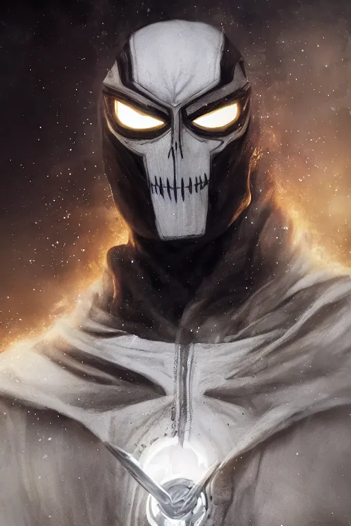 Image similar to characters portrait of Moon Knight mixed with Ghostrider by Alyssa Monks, full-shot, merged character, 4k, highly detailed, cinematic lighting, photorealistic, 3d render, award winning render, unreal engine, octane render, studio lighting, 8k, hd