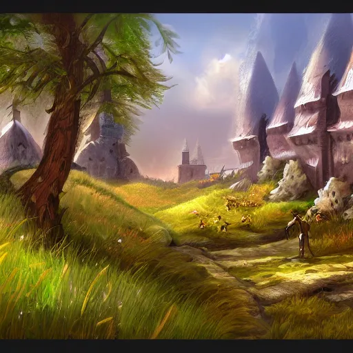 Image similar to medieval fantasy meadow landscape, digital art, trending on artstation, cartoon style, 4k, hd