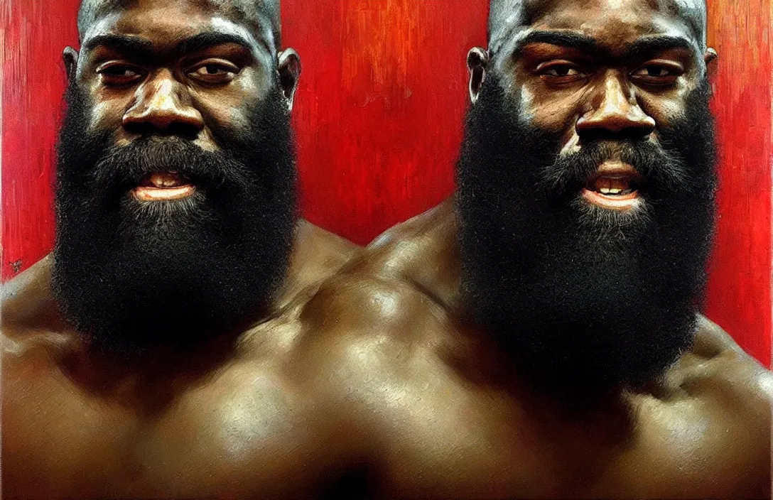 Image similar to portrait of kimbo slice!!!!!!!!!!!!!!!!!!!!!!!!!!!, detailed face, detailed painting,, epic lighting, by ilya repin, phil hale and kent williams