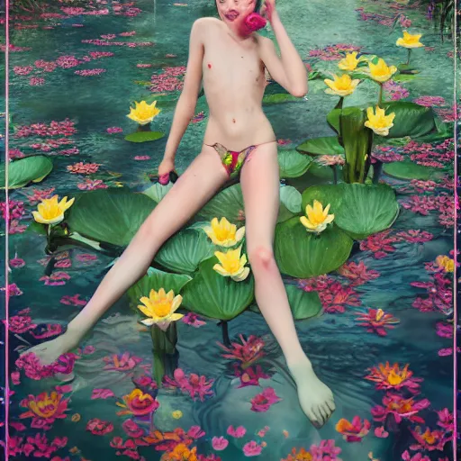 Image similar to pretty model with water lillies : : by martine johanna and simon stalenhag and chie yoshii and casey weldon and wlop : : ornate, dynamic, particulate, rich colors, intricate, elegant, highly detailed, vogue, harper's bazaar art, fashion magazine, smooth, sharp focus, 8 k, octane render