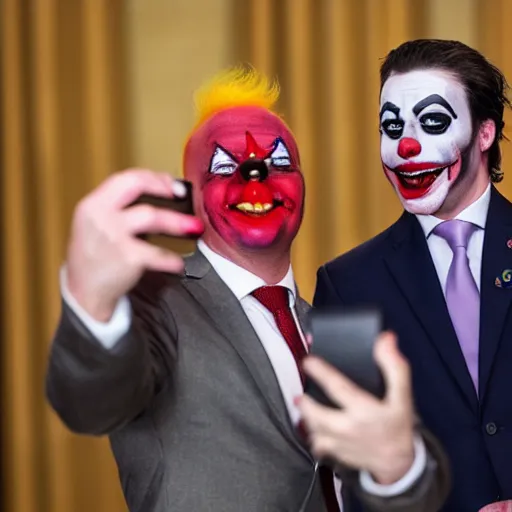 Image similar to a president with clown makeup taking a selfie in a podium next to an angry first minister