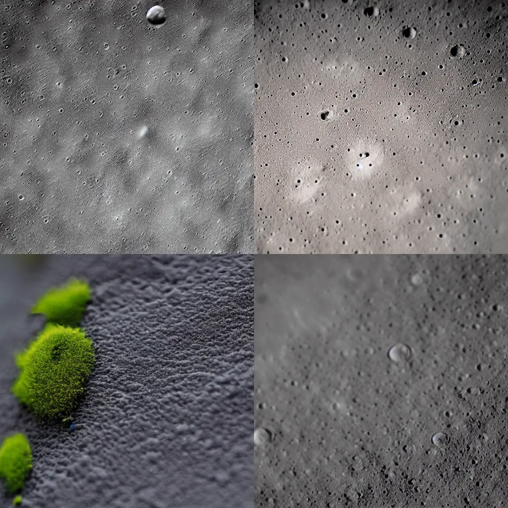 Prompt: bushes sprouting on the moon, close up macro photography