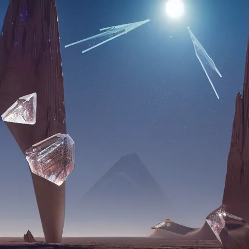 Image similar to four huge angular vertical floating complex translucent crystals in the desert, reflection from the crystal is sparkling due to sun, small retro starship in the sky, futuristic hi-tech details, art by anthony macbain + greg rutkowski + alphonse mucha, concept art, 4k, sharp focus, cinematic render unreal engine