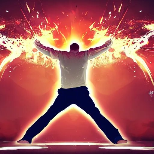 Image similar to man hitting the ground creating a explosion, anime, album cover, musical notes