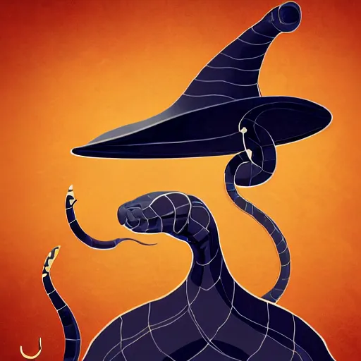 Prompt: Portrait of a cobra snake with a wizard hat in a fogged environment, digital art, magic the gathering artwork, fantasy, trending on artstation, heroic pose, illustration, highly detailed, simple, smooth and clean vector curves, 8k