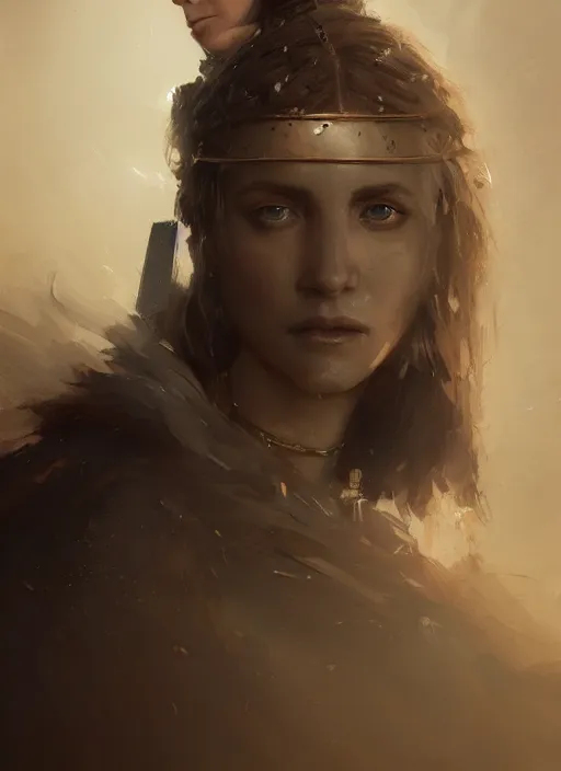 Prompt: A portrait of a warrior princess in the style of Charles Sillem Lidderdale, in the style of Greg Rutkowski, artstation, high quality art