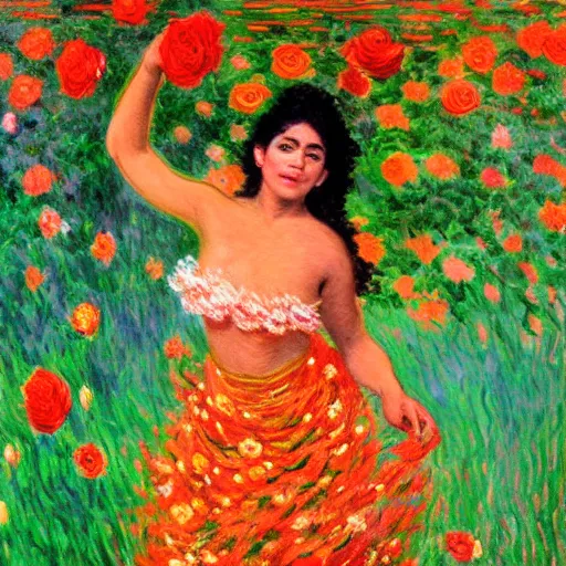 Image similar to beautiful tan mexican woman, full body, dancing in a field of roses and many other exotic flowers, prominent rosy cheek bones, black hair and brown eyes, monet and da vinchi art style,