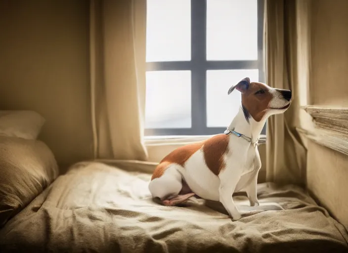 Image similar to photography of a Jack Russel . watching outside the window. on a bed. in a vintage room.,volumetric light, photorealistic,, award winning photo, 100mm, sharp, high res