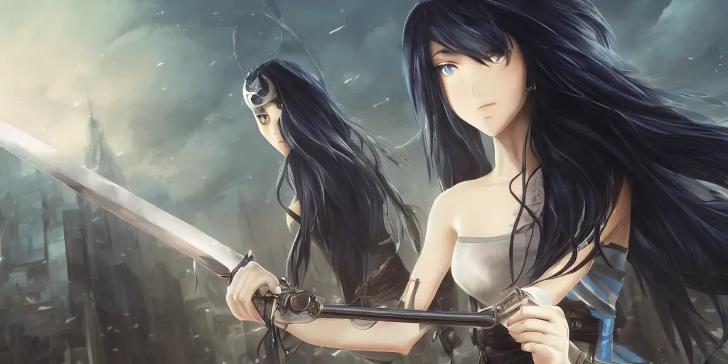 Image similar to girl with long black hair and a long black sword in front of a sci fi cityscape, ryohei fuke, makoto shinkai, detailed, cinematic, ultra - wide angle, dark sepia toned shading, luminescent eyes, blue fire.