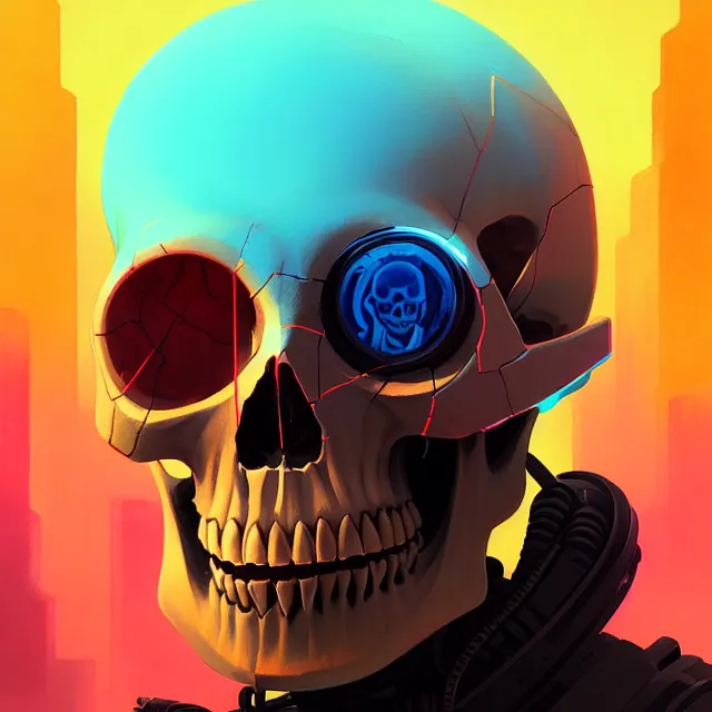Prompt: a beautiful painting of a cyberpunk skull by sachin teng and pascal blanche and ralph mcquarrie and greg rutkowski. in style of conceptual art. ( colorful comic ), ( film noirs ), ( brush stroke ), ( vibrating colors ), hyper detailed. 4 k texture. octane render. trending on artstation