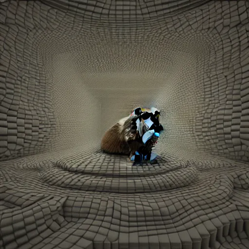 Image similar to hyperrealism computer simulation visualisation parallel universe beavers by caravaggio in style of mandelbulb 3 d and voxel graphics rendered in blender and octane render