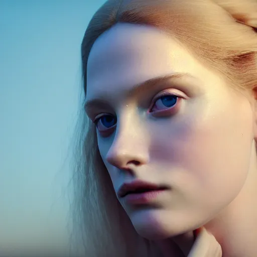 Image similar to photographic portrait of a stunningly beautiful alluring seductive english renaissance female in soft dreamy light at sunset, beside the river, soft focus, contemporary fashion shoot, in a denis villeneuve and tim burton movie, by edward robert hughes, annie leibovitz and steve mccurry, david lazar, jimmy nelsson, extremely detailed, breathtaking, hyperrealistic, perfect face, octane render