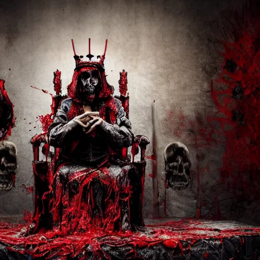 Image similar to the king of death, sitting on throne, blood splatters, shadows, hyperrealistic, dead bodies in the background, high resolution, 8 k