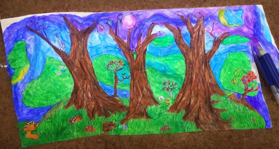 Image similar to Enchanted and magic forest, by a 8 years old kid,