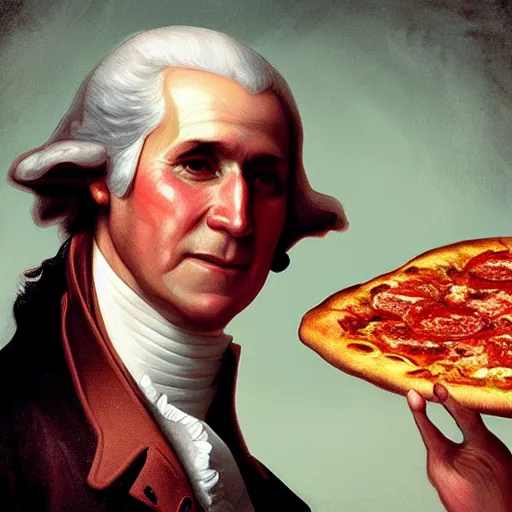 Image similar to portrait of George Washington opening his mouth to eat pizza, highly detailed, digital painting, artstation, concept art, sharp focus, illustration, art by artgerm and greg rutkowski and alphonse mucha