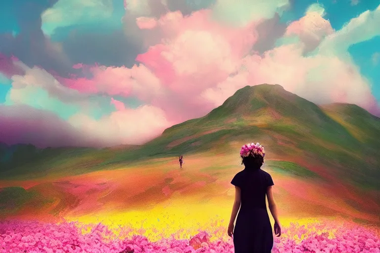 Image similar to giant dahlia flower crown under head, girl walking on mountain, surreal photography, pink storm clouds, dramatic light, impressionist painting, digital painting, artstation, simon stalenhag