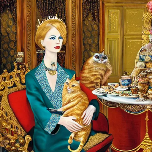 Prompt: a stunning hyper-detailed painting by Warhol of a slender beautiful woman with straight long ginger hair and bangs, wearing a luxurious silk robe and retro eyeglasses and a jeweled gold crown, posing with her large ginger tabby cat and raccoon and parrots on an elaborate throne in her high-ceiling Victorian living room, holding a porcelain parrot-shaped coffee mug and a donut, perfect eyes, fashion photography, dramatic cinematic lighting, octane render, IBEX Masters, unreal engine, 85 mm lens, paisley wallpaper
