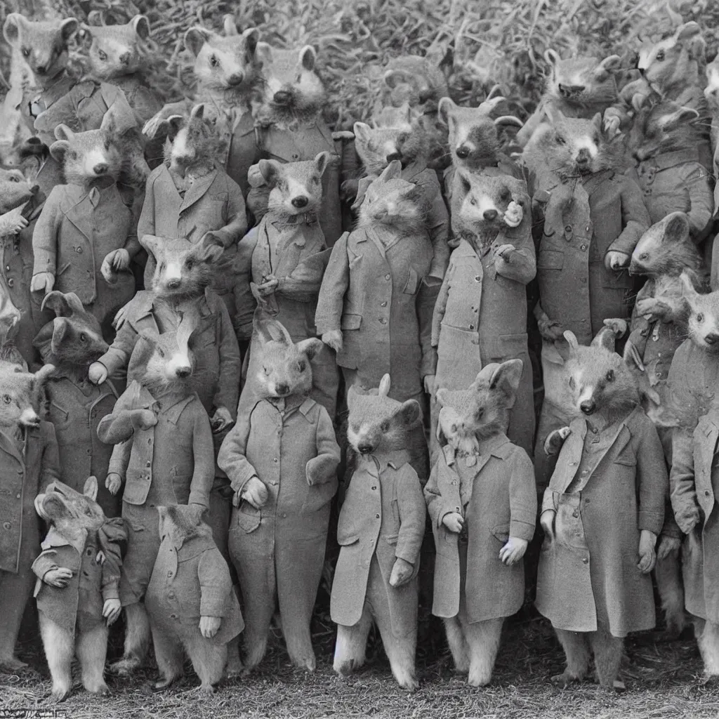 Image similar to a group of badgers in 1 9 4 0 s suits, standing upright like people, anthropomorphic, style of beatrix potter, rendered as a highly detailed photograph