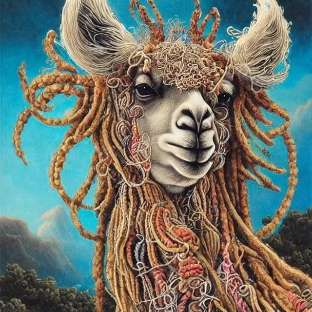Image similar to llama with dreadlocks, by ernst haeckel, artgerm, james jean