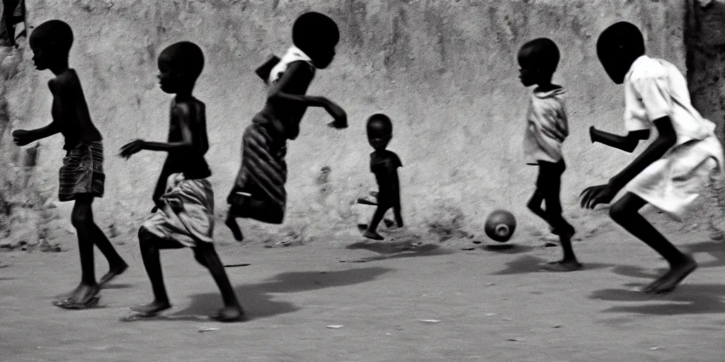 Image similar to kenyan village, black kids playing football, film photography, exposed b & w photography, christopher morris photography, bruce davidson photography, peter marlow photography