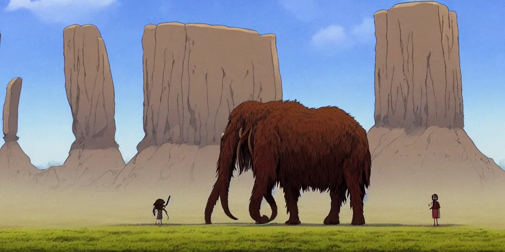 Image similar to a realistic cell - shaded studio ghibli concept art from paprika ( 2 0 0 6 ) of a giant mammoth and a grey native american warrior in a flooded monument valley stonehenge. very dull colors, wide shot, hd, 4 k, hq