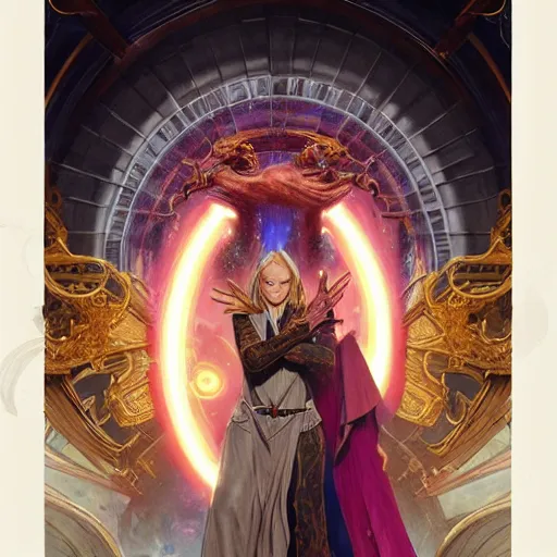 Image similar to painting of powerful stylish sorcerer and a cleric banishing the darkness and its abominations with a rainbow spell, ultra realistic, concept art, intricate details, eerie, highly detailed, photorealistic, octane render, 8 k, unreal engine. art by artgerm and greg rutkowski and magali villeneuve and alphonse mucha