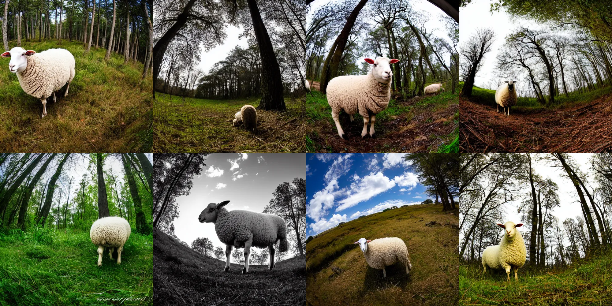 Prompt: photo, a sheep on a clearing, extreme wide angle, fisheye lens