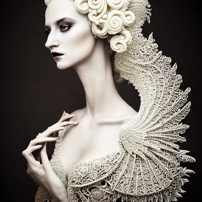Image similar to photo portrait of a beautiful woman like a queen-dark fallen angel, dressed in long elegant intricate ornamental white dress, intricate fractal ornament in the bust with a very long neck , elegant, highly detailed intricate baroque ornament in her blond long hair, Realistic, Refined, Highly Detailed, Cinematic outdoor Lighting, fine art photography by Flora Borsi, volumetric lighting, pastel colors scheme , hyper realistic photography
