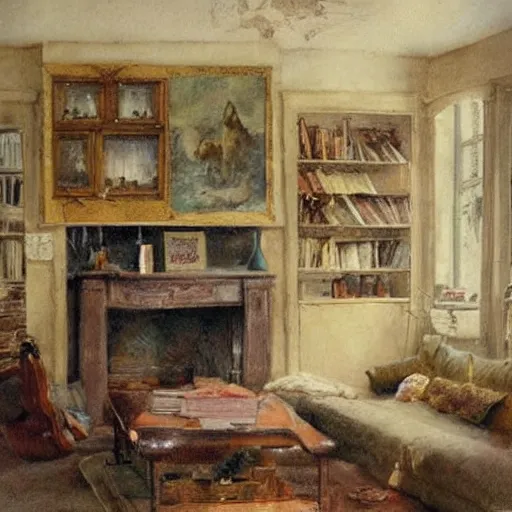 Image similar to (((((((knome house living room with blazing fireplace with books))))))) . muted colors. by Jean-Baptiste Monge !!!!!!!!!!!!!!!!!!!!!!!!!!!!!!!!!!!!!!!! ((((((((((((((((((watercolor sketch))))))))))))))))))