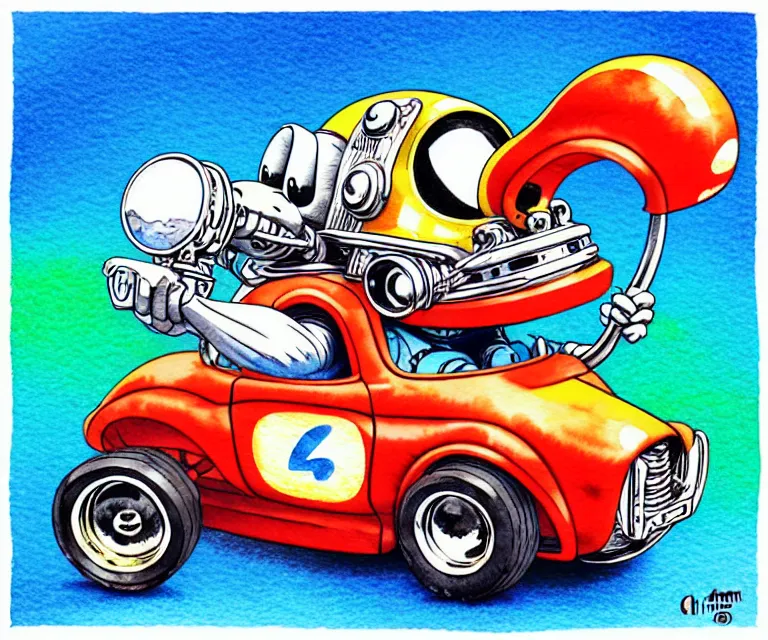 Image similar to cute and funny, monkey wearing a helmet riding in a tiny hot rod with oversized engine, ratfink style by ed roth, centered award winning watercolor pen illustration, isometric illustration by chihiro iwasaki, edited by range murata, tiny details by artgerm, symmetrically isometrically centered