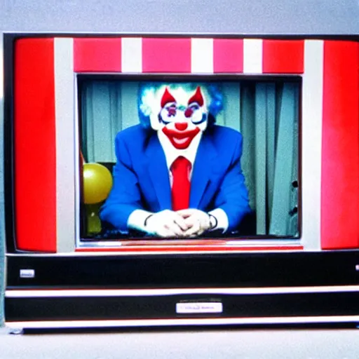 Image similar to photo of an 8 0's television with a president that has a clown face giving a speech