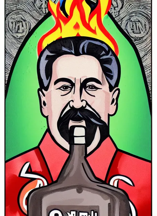 Prompt: stalin with a bottle of vodka, icon with a halo of fire, scary detailed art in color