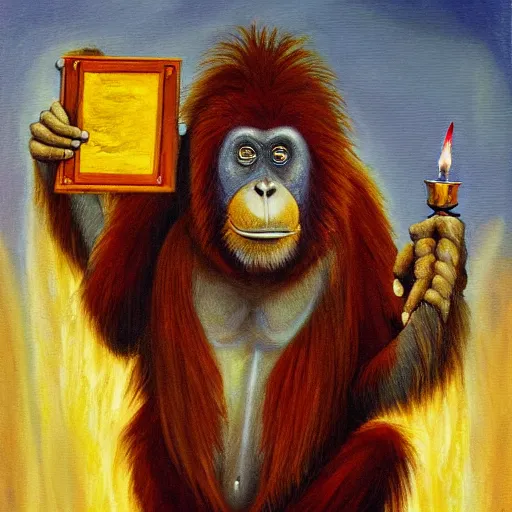 Image similar to orangutan wizard casting a spell and holding a spellbook, oil painting, magic