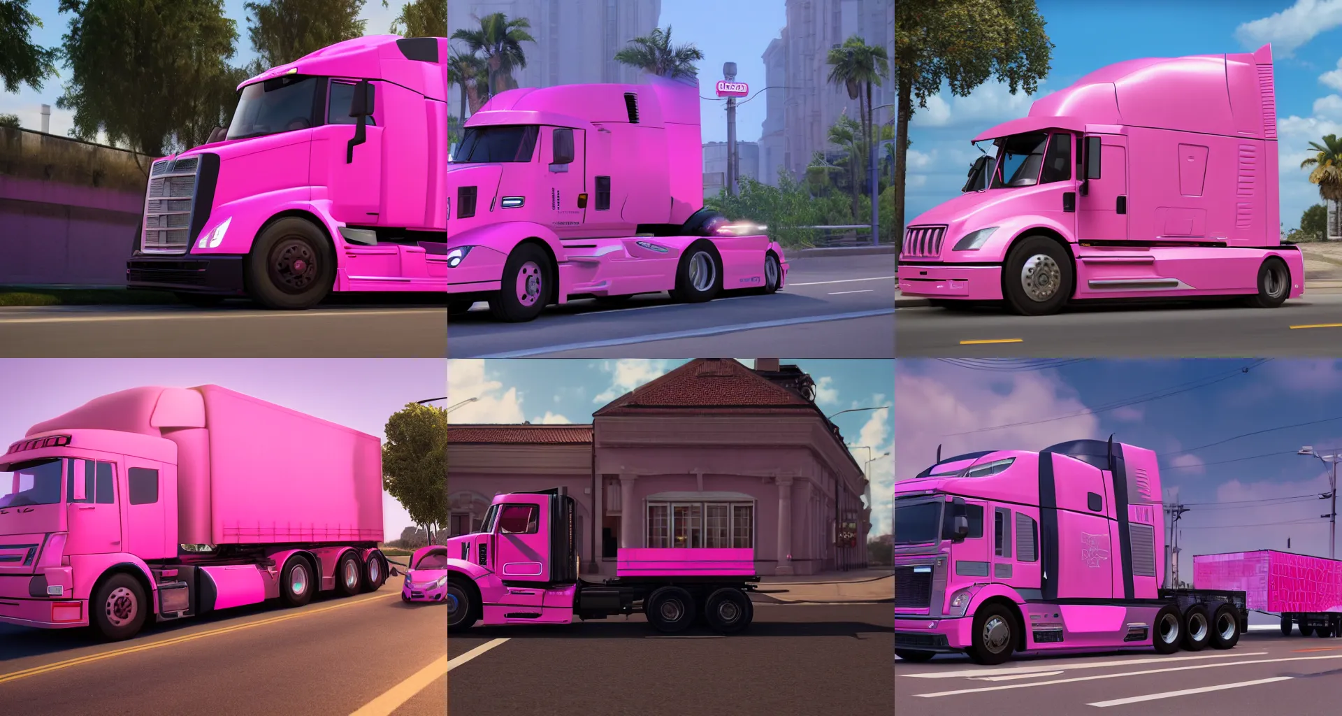 Prompt: Caucasian man limmy driving a pink 18-wheeler, unreal 5, DAZ, hyperrealistic, octane render, Detailed Digital Art, dynamic lighting, Highly Detailed, Cinematic Lighting, Unreal Engine, 8k, HD